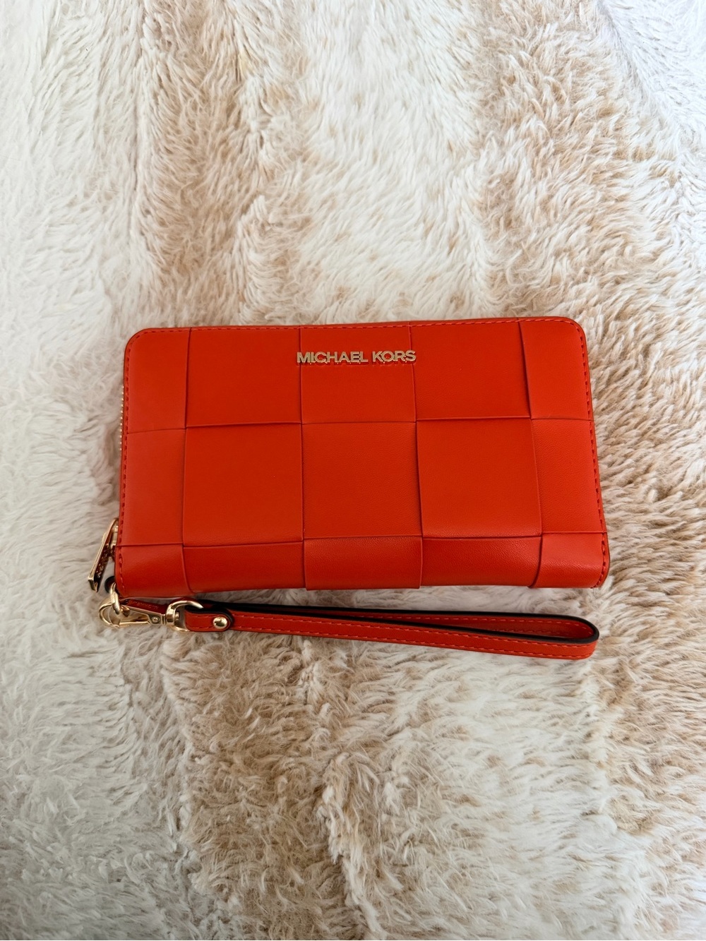 Michael Kors Orange Woven Zip Wristlet with Gold Hardware